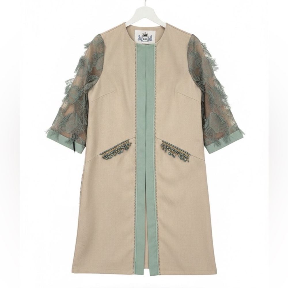 Just Vinci Embroidered Tassel Statement Coat Tan & Mint Size 10 NWOT